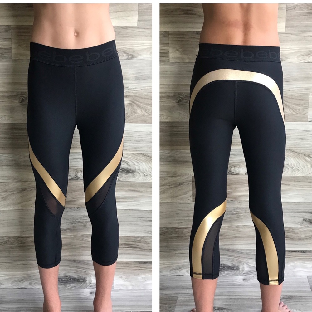 Bebe Metallic Gold and Mesh Panel Capri Leggings